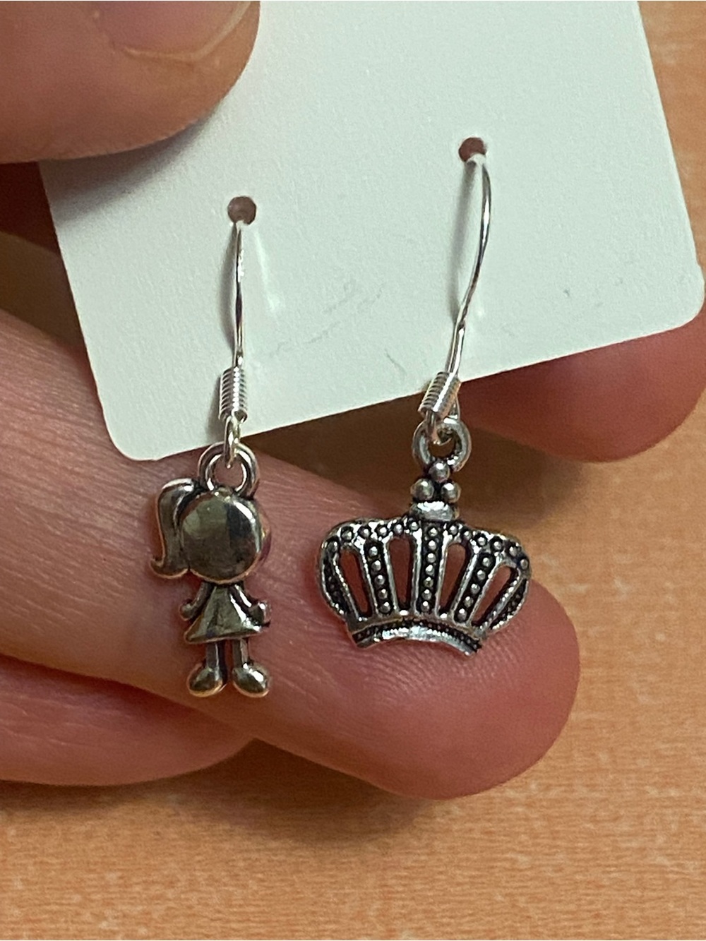 Kids Silver Girl and Crown Dangle Earrings - Silver Tone